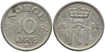 НОРВЕГИЯ 10 ЭРЕ 1954 KM 396 медно-никель 4396-414