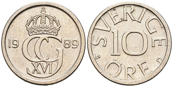 Швеция 10 эре 1989 Карл XVI Густав (1973- ) КМ 850 медно-никель 4564-1268