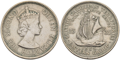 Британские Восточно-Карибские территории 25 центов 1955 Елизавета II (1952-2022), парусник KM 6 медно-никель 67-617
