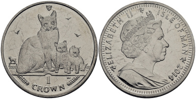 Остров Мэн 1 крона 2014 кошка сноу-шу с котятами KM 1558 медно-никель UNC M94-02