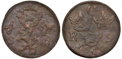 Швеция 1/6 эре 1667 S.m. Карл XI (1660-1697) KM 254 медь 4177-414