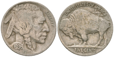 США 5 центов 1936 D, индеец, бизон KM 134 медно-никель 4614-1262