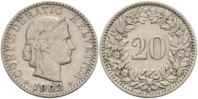 Швейцария 20 раппенов 1902 B KM 29 никель 4606-735