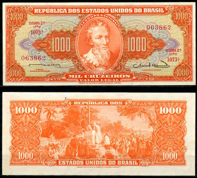 Бразилия 1000 крузейро ND (1963) Педру Алвариш Кабрал, первая Святая месса в Бразилии, Estampa 2, серия 1073 Pick 181  бумага  00-00