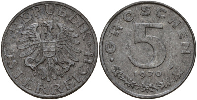 Австрия 5 грошей 1970 KM 2875 цинк UNC 4189-548