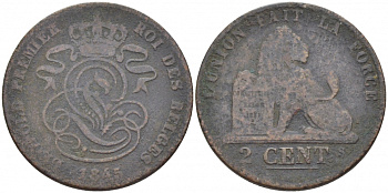 БЕЛЬГИЯ 2 САНТИМА 1845 BELGES KM 4.2 медь 4448-722