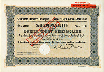 Германия 300 рейхсмарок 1928 Силезская пароходная компания, АО Берлинского Ллойда, акция   бумага   8801-21-1
