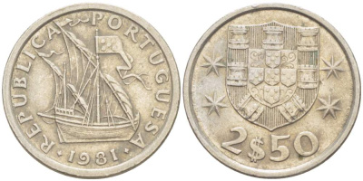 ПОРТУГАЛИЯ 2,5 ЭСКУДО 1981 ПАРУСНИК KM 590 медно-никель 4523-1113