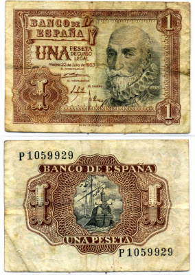 Испания 1 песета 1953 22 июля 1953, Мигель де Санта Круз Pick 144а бумага 8564-13-4-1