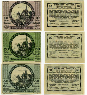 Австрия, Вайсенкирхен-ин-дер-Вахау набор из 3 банкнот 10, 20, 50 геллеров 1920 30 сентября 1920, нотгельд, земля Нижняя Австрия   бумага  UNC (пресс) 7555-27-4-1