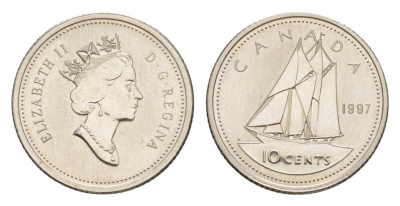 Канада 10 центов 1997 Елизавета II (1952-2022), парусник, specimen KM 183 никель BU 4639-661
