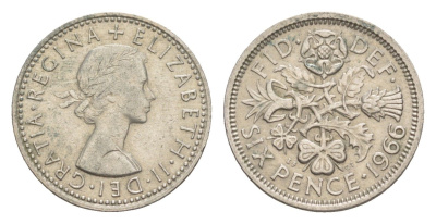 Великобритания 6 пенсов 1966 Елизавета II (1952-2022) KM 903, Spink 4149 медно-никель 4643-327