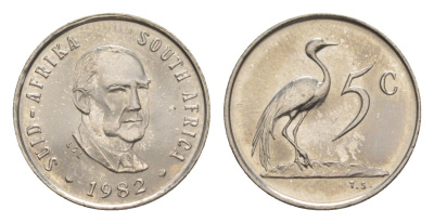 ЮАР 5 центов 1982 Окончание президентства Бальтазара Йоханнеса Форстера KM 111 никель UNC 4598-669
