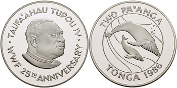 Тонга 2 паанга 1986 серия 25 лет защиты окружающей среды, кит кашалот KM 121 серебро PROOF 01-147-14