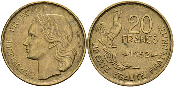 Франция 20 франков 1952 петух KM 917.1, Le Franc 402.9 алюминиевая бронза 4591-1112