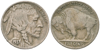 США 5 центов 1937 S, индеец, бизон KM 134 медно-никель 4608-129