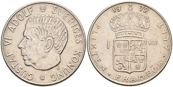 Швеция 1 крона 1972 Густав VI Адольф (1950-1973) KM 826а медь плакированная медно-никелем 4571-617