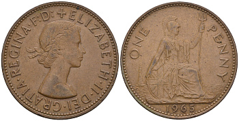Великобритания 1 пенни 1965 Елизавета II (1952-2022) КМ 897, Spink 4157 бронза 4607-1241