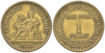 Франция 1 франк 1920 самый редкий год выпуска KM 876 алюминиевая бронза 4617-342