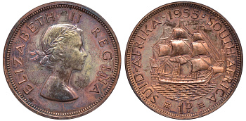 ЮАР 1 пенни 1955 Елизавета II (1952-) KM 46 бронза 00-00