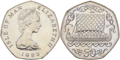 Остров Мэн 50 пенсов 1980 АА, корабль викингов, Елизавета II (1952) KM 70 медно-никель UNC 4583-624