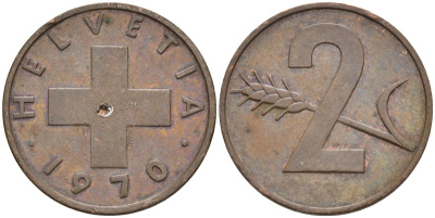 Швейцария 2 раппена 1970 KM 47 бронза 4592-641