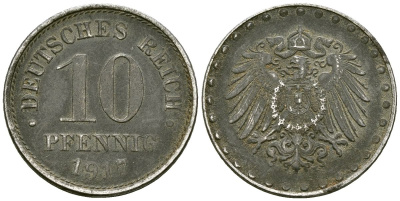 Германия 10 пфеннигов 1917 E KM 20 железо 4167-133