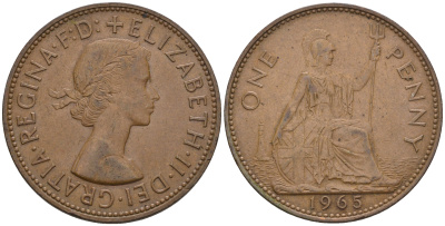 Великобритания 1 пенни 1965 Елизавета II (1952-2022) КМ 897, Spink 4157 бронза 4607-1241