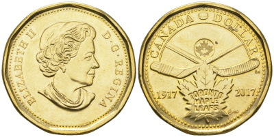 Канада 1 доллар 2017 100 лет хоккейному клубу Toronto Maple Leafs, Елизавета II (1952-2022) KM 2313 никель плакированный бронзой UNC 4140-426