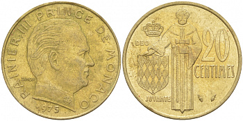 Монако 20 сантимов 1975 Ренье III (1949-2005) KM 143 алюминиевая бронза 73-1312
