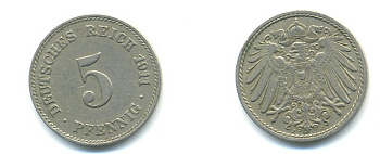 Германия 5 пфеннигов 1911 J KM 11, Jager 12, Weege 6 медно-никель 4379-554