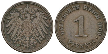 Германия 1 пфенниг 1900 A, Вильгельм II (1888-1918) KM 10, J. 10, Weege 2 медь 4615-215