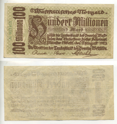 Германия, Мюнстер 100000000 марок 1923 нотгельд, 11 августа 1923, земля Северный Рейн-Вестфалия бумага 7217-89-3-2