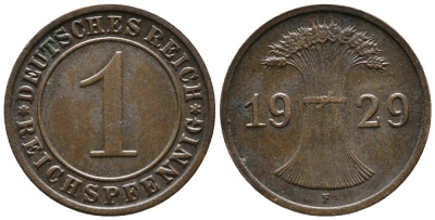 ГЕРМАНИЯ 1 РЕЙХСПФЕННИГ 1929 F KM 37, J. 313 бронза 39-1024