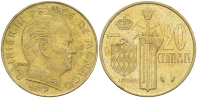 Монако 20 сантимов 1975 Ренье III (1949-2005) KM 143 алюминиевая бронза 73-1312