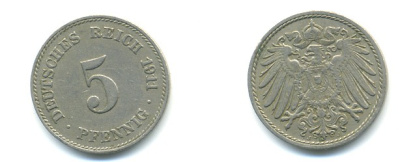 Германия 5 пфеннигов 1911 J KM 11, Jager 12, Weege 6 медно-никель 4379-554