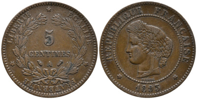 ФРАНЦИЯ 5 САНТИМОВ 1893 А, ТРЕТЬЯ РЕСПУБЛИКА (1871-1940) KM 821.1, LE FRANC 118.36 бронза 67-112