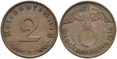 Германия 2 рейхспфеннига 1938 A KM 90, J. 362 бронза 4147-1262