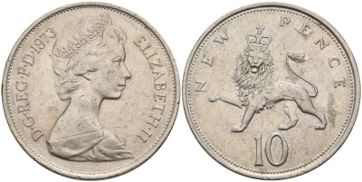 Великобритания 10 пенсов 1973 Елизавета II (1952-2022) KM 912, Spink 4231 (F1) медно-никель 4140-134