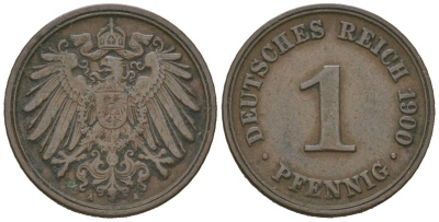 Германия 1 пфенниг 1900 A, Вильгельм II (1888-1918) KM 10, J. 10, Weege 2 медь 4615-215