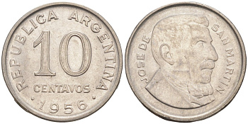 Аргентина 10 сентаво 1956 генерал Хосе де Сан Мартин KM 51 сталь плакированная никелем 187-267