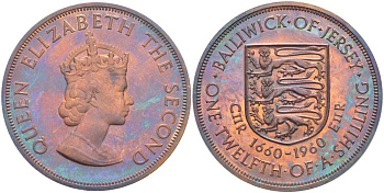 Джерси 1/12 шиллинга 1960 Елизавета II (1952-2022), 300 лет вступления на престол короля Карла II KM 23 бронза PROOF 3996-516