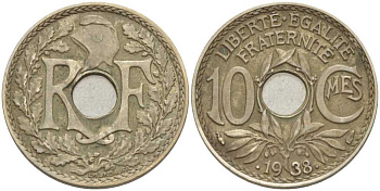 ФРАНЦИЯ 10 САНТИМОВ 1938 ТИП ЛИНДАЙЁ, .1938. KM 889.1, LE FRANC 139.3 никель бронза 202-116