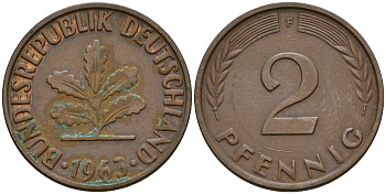 ФРГ 2 пфеннига 1963 F J.381  KM 106 бронза    4598-731