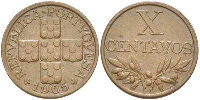 ПОРТУГАЛИЯ 10 СЕНТАВО 1965 KM 583 бронза 4516-368