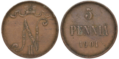 Россия для Финляндии 5 пенни 1901 Биткин 445 медь 51-1214