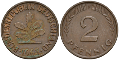 ФРГ 2 пфеннига 1963 F J.381  KM 106 бронза    4598-731
