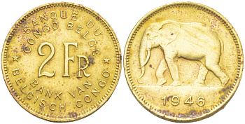 Бельгийское Конго 2 франка 1946 слон KM 28 латунь 4541-1022