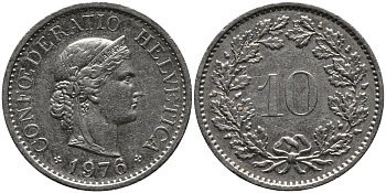 Швейцария 10 раппенов 1976 KM 27 медно-никель 33-253