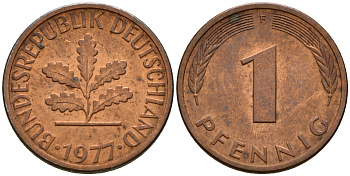 ФРГ 1 пфенниг 1977 F KM 105, J. 380 сталь плакированная медью    4598-555
